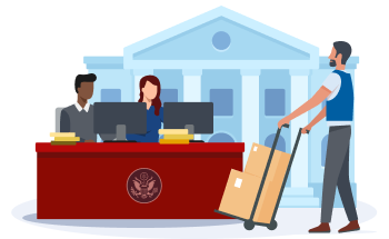 Graphic of two government employees sitting at a desk, while another employee delivers several boxes of mail.