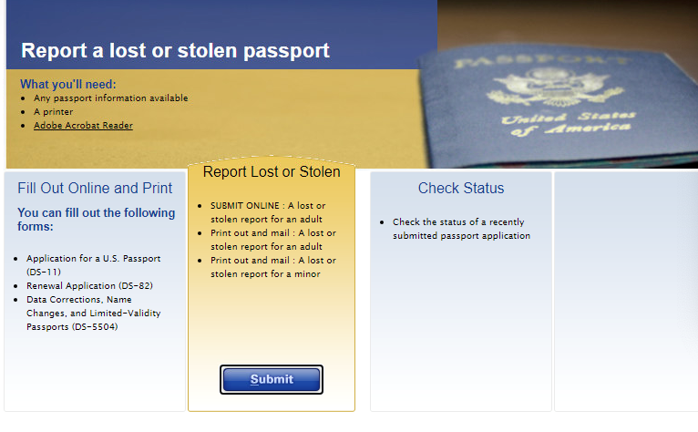 Image of the Form Filler to Report a Passport Lost or Stolen