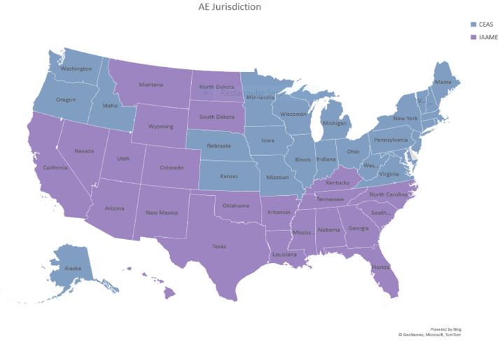 Accrediting entity jurisdiction map of the United States