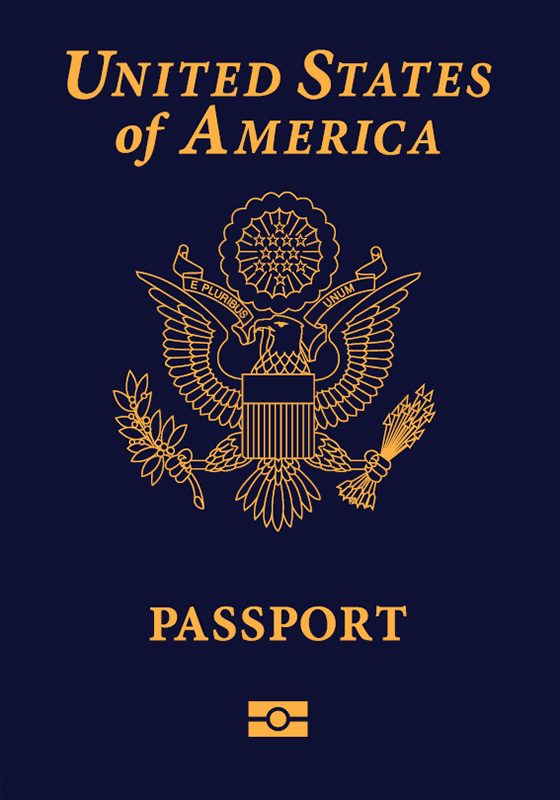 The commemorative passport’s outer front cover with “United States of America” at the top and “Passport” at the bottom. The U.S. State Department seal appears in the center. The text and seal are foil stamped in gold on a dark blue background.