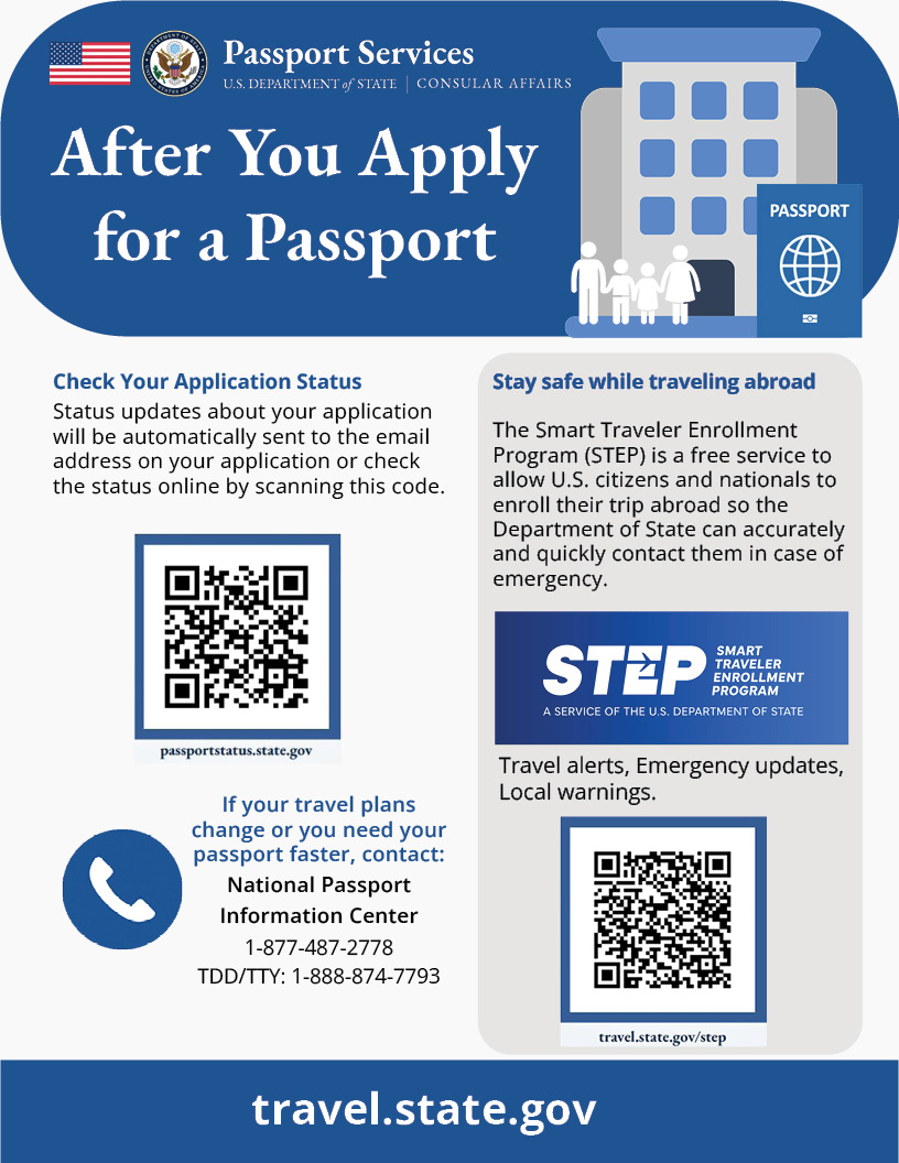 Folleto con información sobre cómo verificar el estado de su solicitud de pasaporte, qué hacer si cambian sus planes de viaje y cómo viajar de manera segura al extranjero.