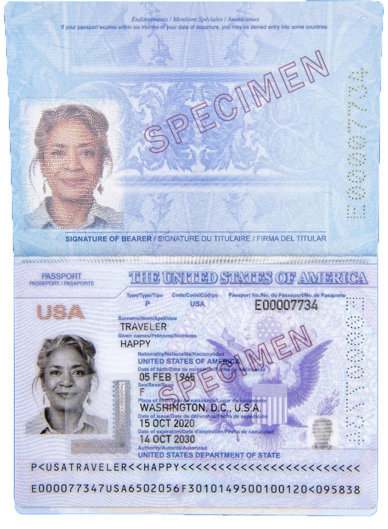Ejemplo de la página de firma y la página de datos de la libreta pasaporte de nueva generación. Se puede ver una foto, la fecha de vencimiento del pasaporte y otros datos sobre el portador del pasaporte.
