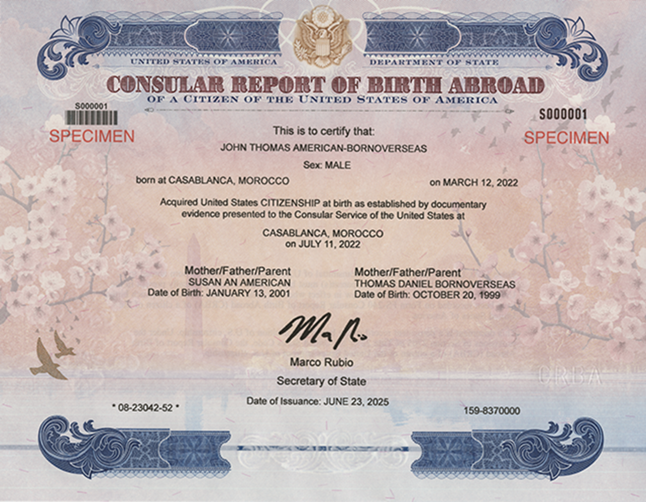 Ejemplo del informe consular de nacimiento en el exterior. El texto del documento certifica que el destinatario es ciudadano estadounidense y contiene otra información que normalmente se incluye en un certificado de nacimiento, como el nombre de ambos padres.