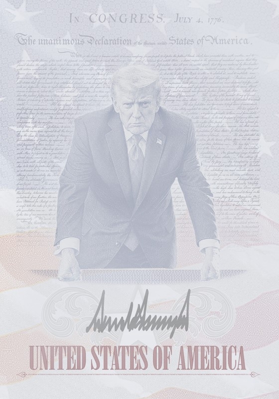 Un retrato del Presidente Donald J. Trump con el texto de la Declaración de Independencia. Una bandera estadounidense roja, blanca y azul se despliega a lo largo del fondo. La firma del Presidente Trump y "United States of America" (Estados Unidos de América) aparecen en letra grande en la parte inferior central.