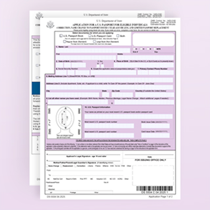Primera página del Formulario DS-5504 con encabezados en púrpura claro y azul oscuro.