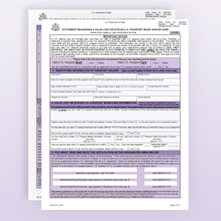 Primera página del Formulario DS-64. Toda la página es de color púrpura.